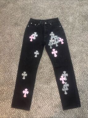 Chrome Hearts Black Straight-Leg Jeans with Pink & Check Cross Patches
